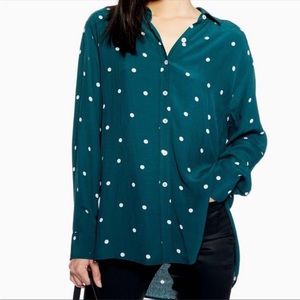 Topshop Green w/ White Polka Dots Button Down Top